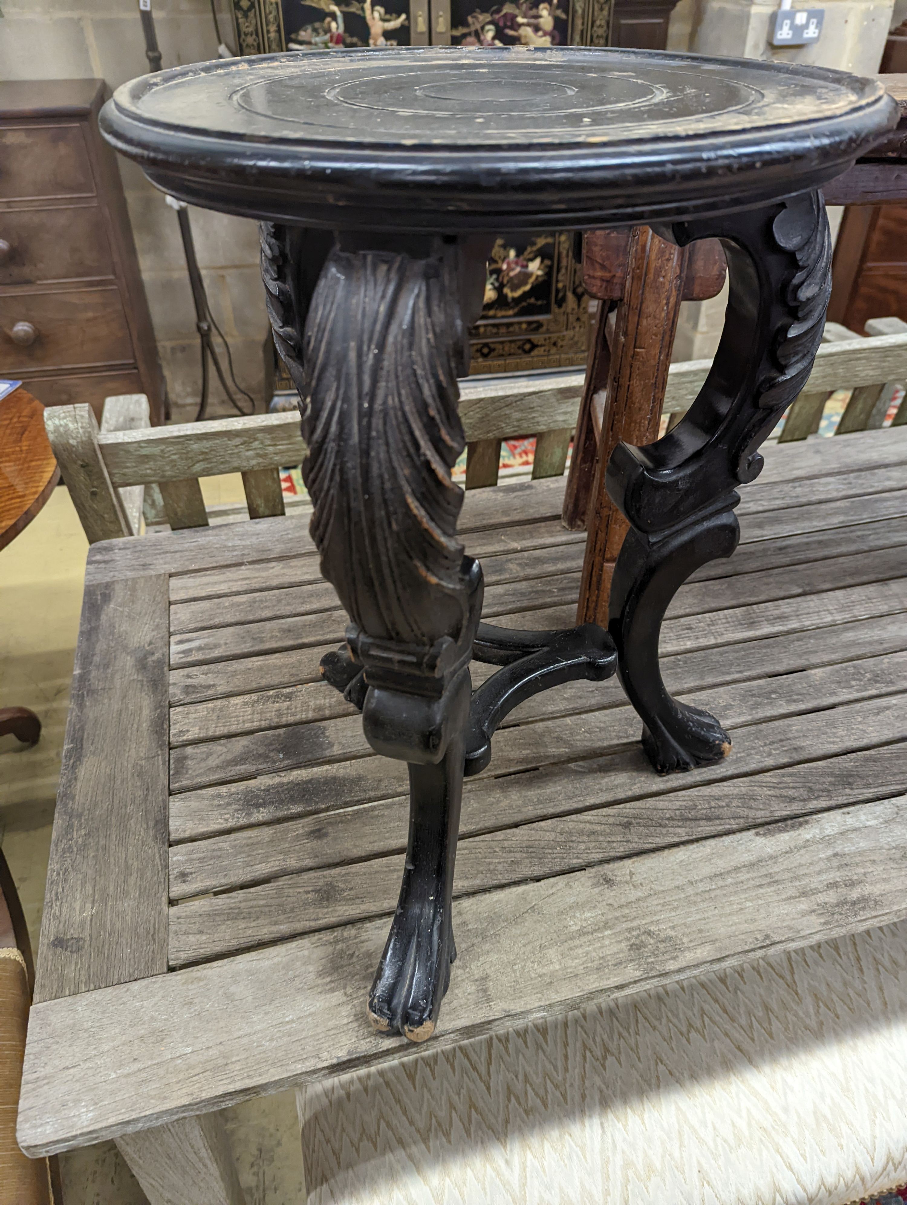 A Chinese elm bench, length 114cm, depth 29cm, height 51cm together with a circular ebonised vase stand